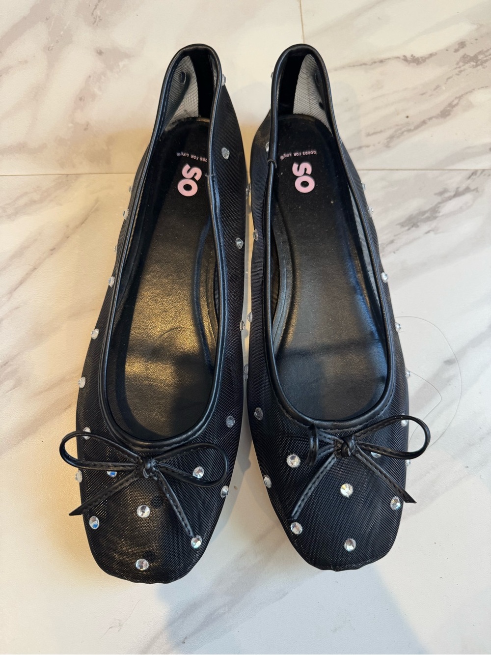 SO Black Mesh Ballet Flats with Bow and Rhinestone Studs